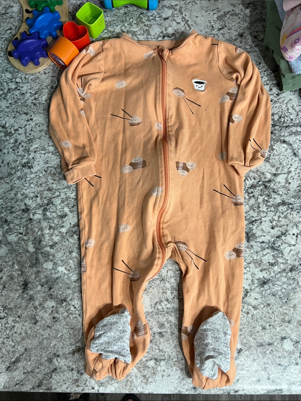 Peach Long-Sleeve Footed One-Piece Zipper Romper for Kids
